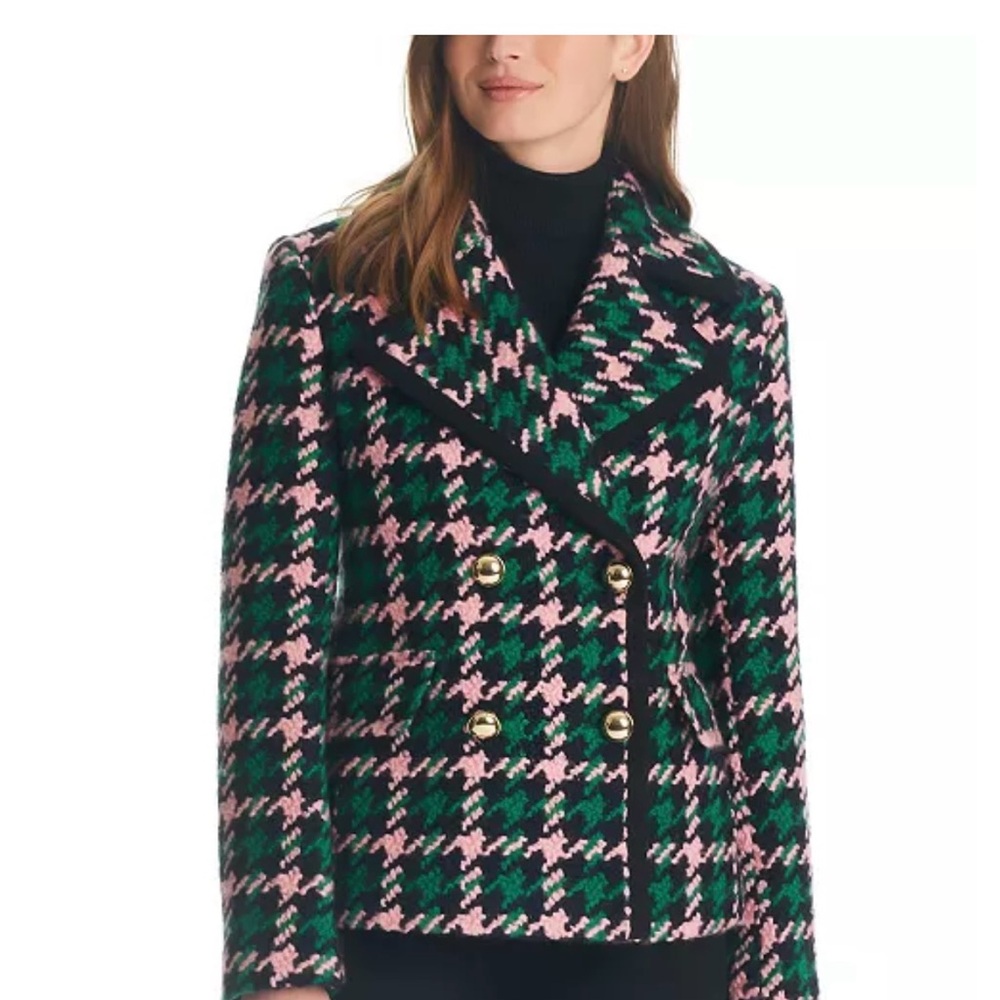 Kate Spade Pink and Green Houndstooth Pea Coat